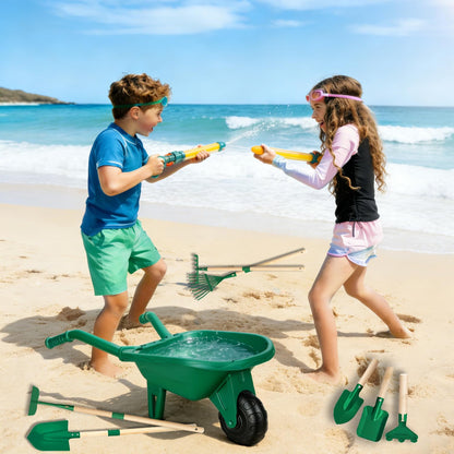 Dutywand Kids Gardening Tools Set with Wheelbarrow, Wooden & Metal Outdoor Gardening Toys for Summer Outdoor Yard Digging & Weeding, Easter Birthday Gifts for Boys Girls Age 3+ Years (Green)