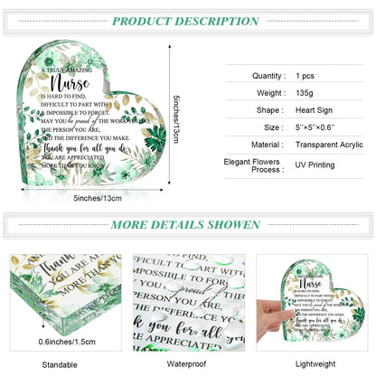 Kathfly Nurse Appreciation Gift for Women, Floral Inspirational Acrylic Sign Prize Thank You Nurse Week for Graduation, Hospital Practitioner Gift for Women Teacher Table Desk Decor(Heart,Green)