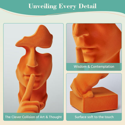 FOLKOR LIFE Velvet Flocked Thinker Sculpture for Room Decor, Flocked Mask Collectible Figurines Modern Abstract Art Statue for Home, Bookshelf, Office, Desk Decor (Orange)