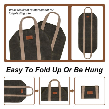 STBoo Firewood Carrier Waxed Canvas: Log Carrier for Firewood Heavy Duty | Fire Wood Carrier Tote Bag | Fireplace Log Holders for Firepit Outdoor Camping, Indoor, Wood Stove Accessories Gift, Geen