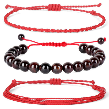 QOGIR Handmade Healing Bracelets,8mm Natural Red Garnet Gem Stone Beads Bracelet for Men Women Gifts with 2PCS Size Adjustable Rope Bracelets