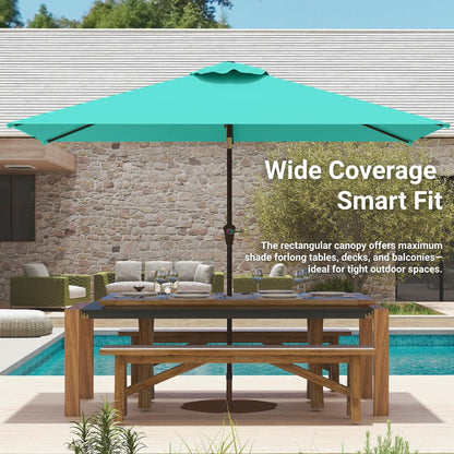 Patio Kingdom 6.5' x 10' Rectangular Patio Umbrella Large Outdoor Market Umbrella w/ UV Protection, Push Button Tilt and Crank Lift, Rectangle Table Umbrella for Garden, Deck, Pool, Patio, Turquoise Blue
