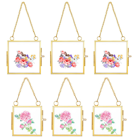 6 Pcs Mini Double Glass Pressed Flower Photo Frame Craft with Chain, 2.36" and 3.14" Small Square Glass Flower Frame for Christmas Handicraft Home Decor Gallery Artwork