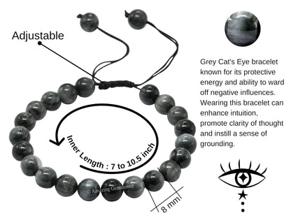 Amazing Gemstone Grey Cats Eye Bracelet, Gifts For Men & Women - Protection Healing Crystal Bracelet - 8mm Gemstone Beaded Adjustable Bracelet, Pulseras Para Hombres Mujer Stocking Stuffers
