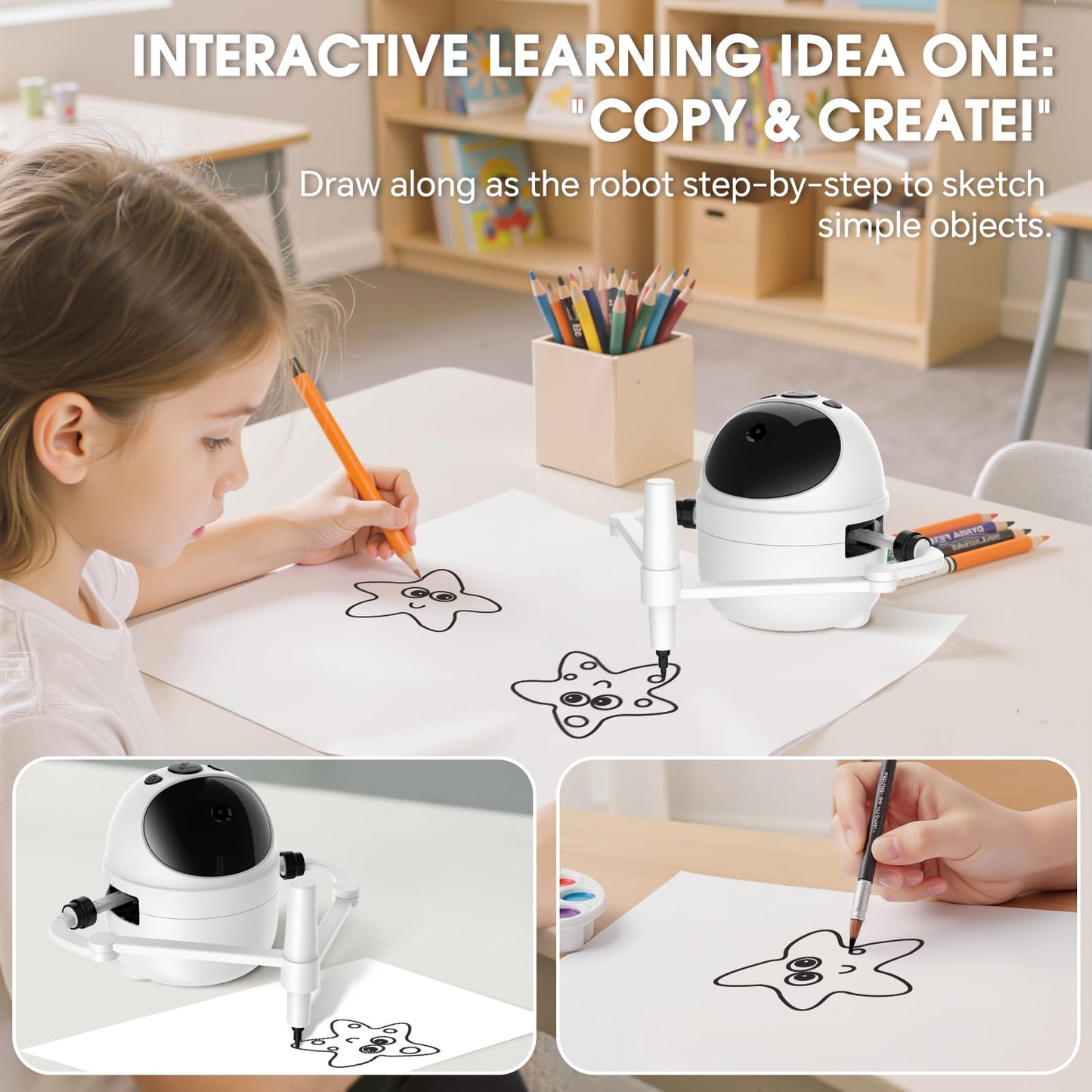 Drawing Robot Toys Painting Kit for Kids, Toddler Toys Birthday Gifts for 3-10 Girl Boy, Electronic Learning Toys with Intelligent Sensing 150 Cards, Interactive Painting Toy Set (White)