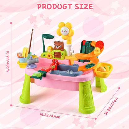 Upgraded Toddler Sand Water Table Toy with Electric Water Pump, Kids Sand Water with Faucet/Play Food Accessories/Fishing Toy, Kitchen Play Sink Toys for Girl Boy Age 3+ (Pink-Sunflower)