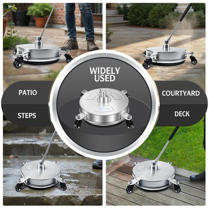 RAYNEL 14'' Pressure Washer Surface Cleaner with 4 Wheels, Stainless Steel Housing, 1/4" Quick Plug, 2 Extended Wands, 2 Replacement Nozzles