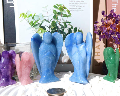 QINJIEJIE 3" Blue Aventurine Crystal Angel Decor Healing Guardian Angel Stone Figurine Natural Gemstone Polished Pocket Big Peace Statue Room Desk Office Decorations Meditation Gift for Women