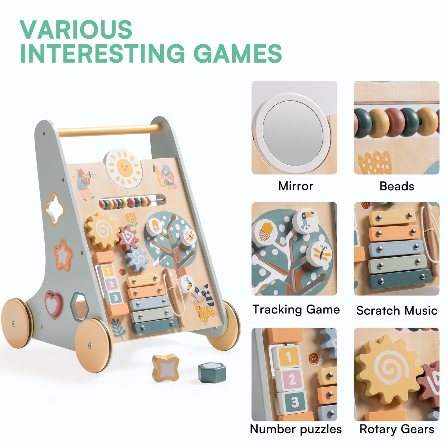 ROBOTIME Wooden Baby Walker, Wooden Push Walker with Wheels, Montessori Push Toys for Babies Learning to Walk, Baby Walkers Activity Center for Boys and Girls