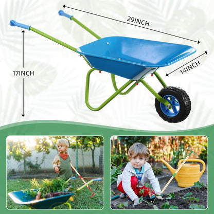 DaisyInner 5 Pcs Kids Gardening Tool Set Include Kids Wheelbarrow Metal Small Toddler Wheelbarrow Wagon with 4 Piece Kids Shovel, Rake, Hoe, Leaf Rake Wooden Gardening Tools for Boys and Girls