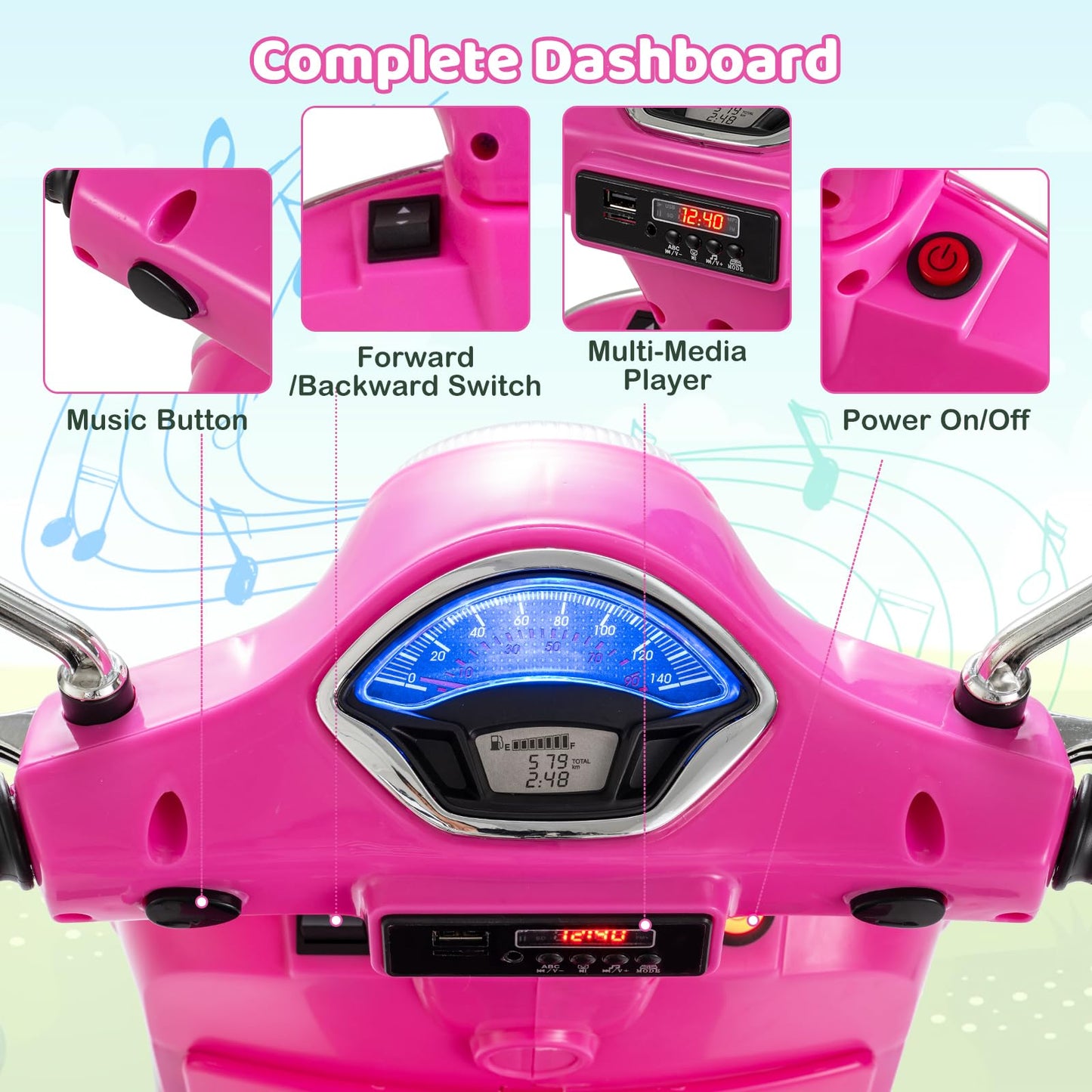 Costzon Toddler Motorcycle, 12V Licensed Vespa Ride on Motorcycle with Training Wheels, LED Headlight & Horn Sound, Ride on Toy, Battery Powered Motorbike, Gift for Boys & Girls (12V,Rose Pink)