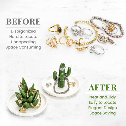 Elsjoy Set of 2 Ceramic Ring Holder Dish, Decorative Round Jewelry Display Trays, Aloe & Cactus Small Trinket Plate for Home, Gift, Mother's Day
