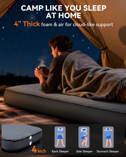 Hikenture 4" Thick Self Inflating Sleeping Pad with Electric Pump, Foam & Air Camping Mattress, 9.5 R-Value Insulated Sleeping Mat, Portable All Season Camping Pad for Tent, Car, Cot