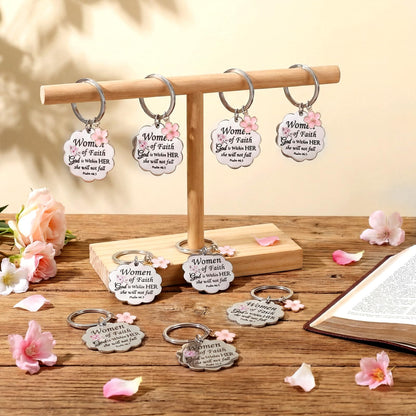 Cunno Christian Gifts for Mother's Day Women Church Religious Keychain Bulk Scalloped with Enamel Sakura Woman of Faith(24 Pcs)