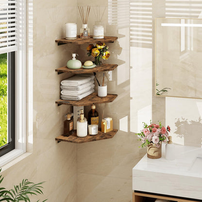 Homode Corner Shelf Wall Mount, Set of 4 Floating Corner Shelves with Cord Hole for Cable Box, Wood Corner Hanging Shelves for Bathroom Bedroom Kitchen, Rustic Brown