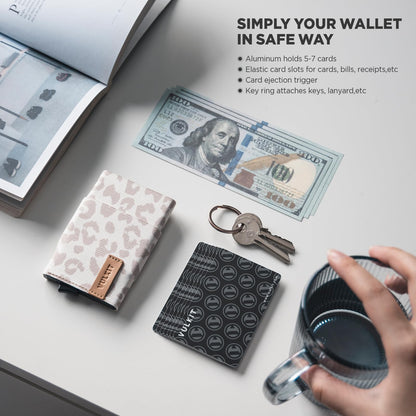 VULKIT Pop up Wallet for Women with Keychain, RFID Blocking Minimalist Slim Credit Card Holder for Gift Leopard Khaki
