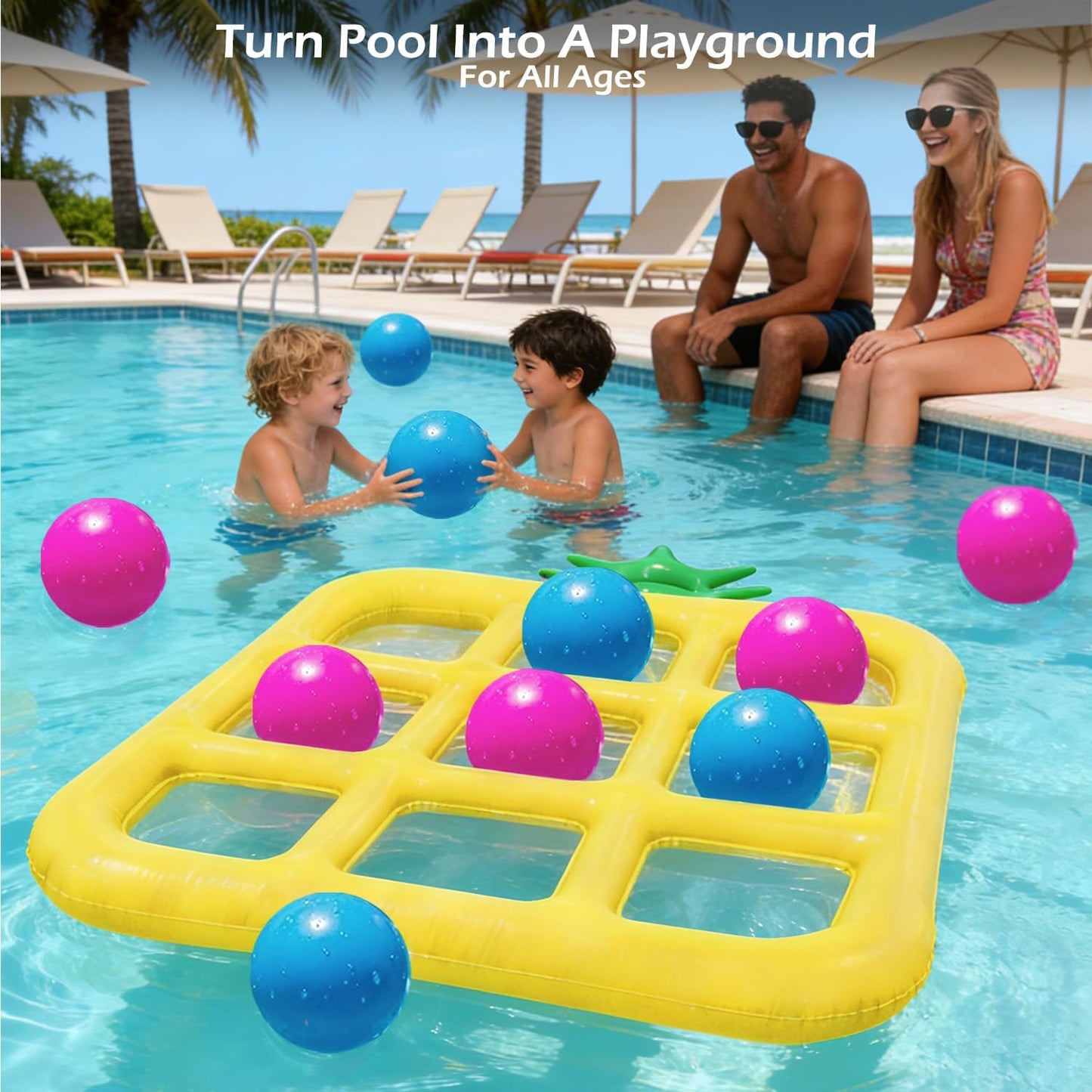 Jasonwell Tic-Tac-Toe Pool Toys Games - Giant Floating Tic Tac Toe Game Float with 10 Balls Pineapple Pool Game Party Toy Floats Yard Field Day Games Outdoor Beach Toys for Adults Teens Kids (Yellow)
