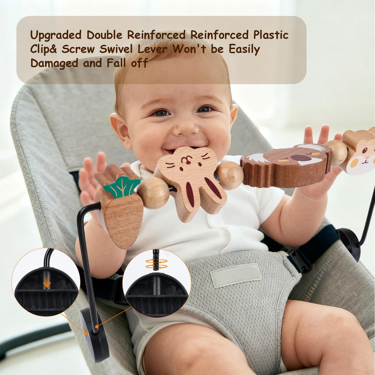 BEBOAN Baby Bjorn Bouncer Toy Bar - Toy Bar for Soft & Bliss Baby Bouncer, 360°Rotating Natural Wooden Toys, Easy to Attach/Remove Exciting Design for Curious Babies(Cute Animals)