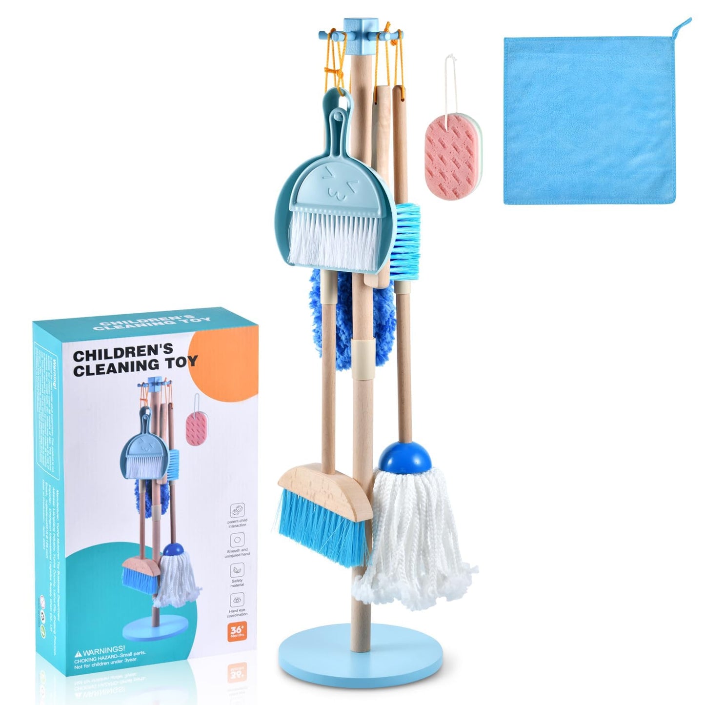 WHOHOLL 9 Pcs Wooden Kids Cleaning Toy Set, Cleaning Toys for Toddlers 3-6, Housekeeping Play Set Includes Broom Mop Duster Dustpan Sponge and Organizing Stand, Christmas Birthday Gifts for Boys Girls