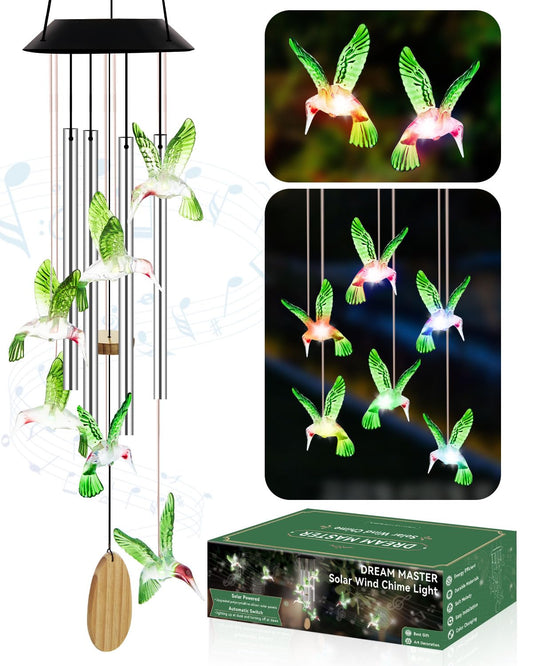 Mothers Day Mom Gifts, Solar Wind Chimes for Outside, Birthday Gifts for Women, Grandma, Wife, Solar Hummingbird Light Hanging for Yard, Patio, Garden Decor, Automatic Color Changing, Green Bird