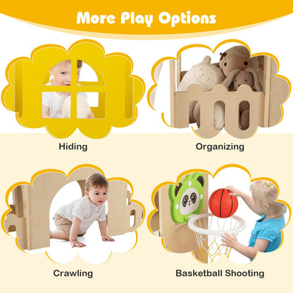Costzon Wooden Toddler Slide, 7-in-1 Climber Playset with Slide, Basketball Hoop, Extra-Long Aisle, Peek-a-Boo Window, Crawling Tunnel & Storage Space, Indoor Outdoor Playground Slide for Kids
