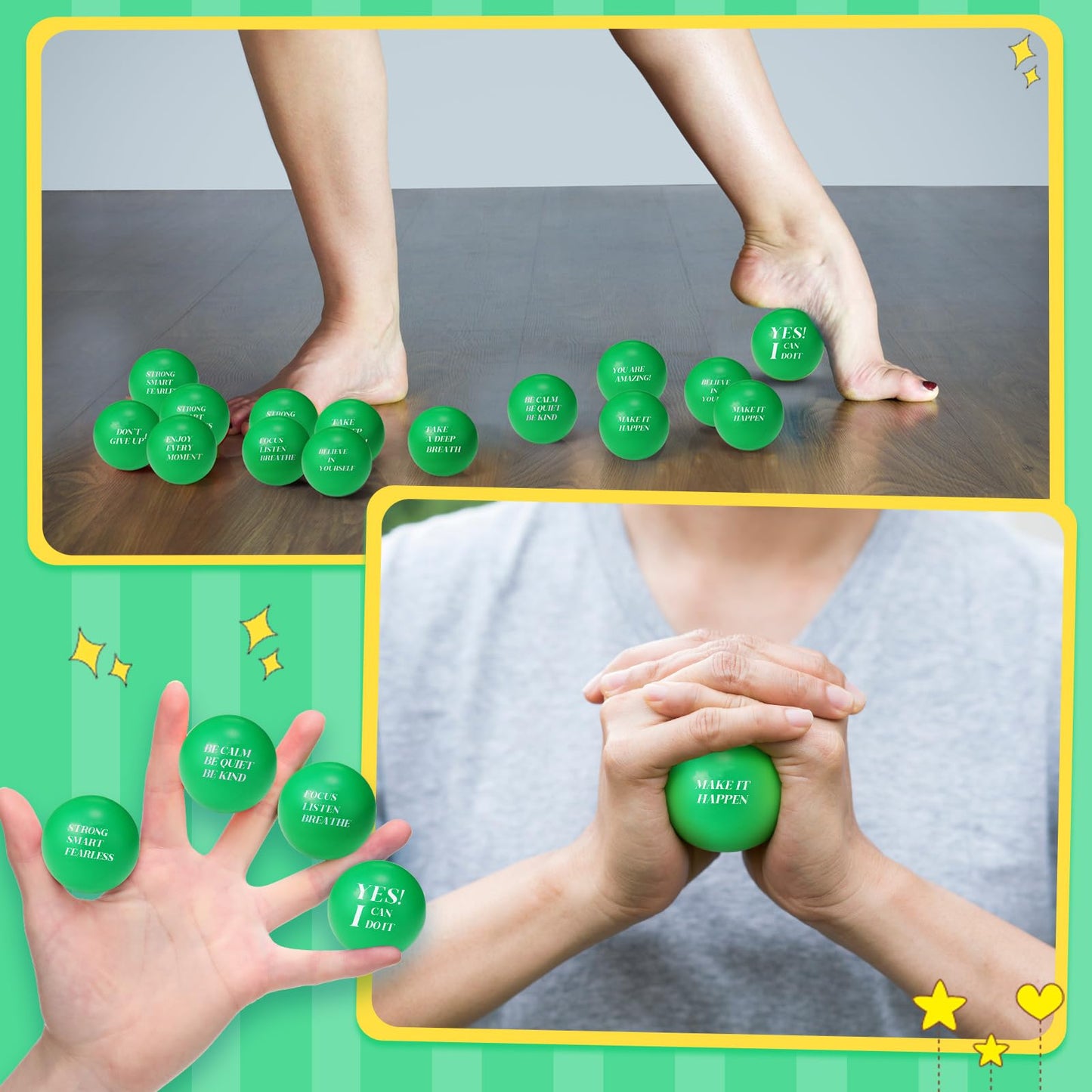 Sotiff 100 Pcs Stress Balls Bulk for Adults Colorful Foam Stress Relief Gift Toys with Motivational Quotes Squeeze Balls for Office Relief Employee Appreciation(Green Color,Positive)