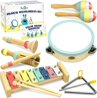 MINIARTIS Musical Instruments Set - Montessori Wooden Toys for Toddlers 1-3 | Modern Boho Baby Xylophone with Songbook | Neutral Colors Percussion Instruments | Kids Preschool Educational