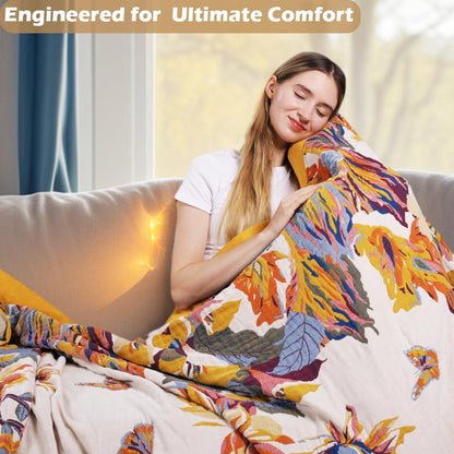 VANJOROY Boho Throw Blanket, 100% Organic Cotton Ultra Soft 50" x 60" Throw for Couch and Bed - Skin-Friendly Embroidery Cozy All Season Rustic Floral Decor Chair Blanket -Beige