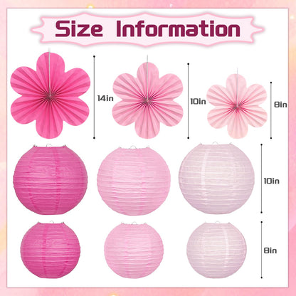 Pink Party Decorations, 18Pcs Hot Pink Hanging Paper Lanterns & Flower Fans 8"-14" for Girls Birthday, Bridal Shower, Wedding, Bachelorette, Girls Night, Graduation Party Decor