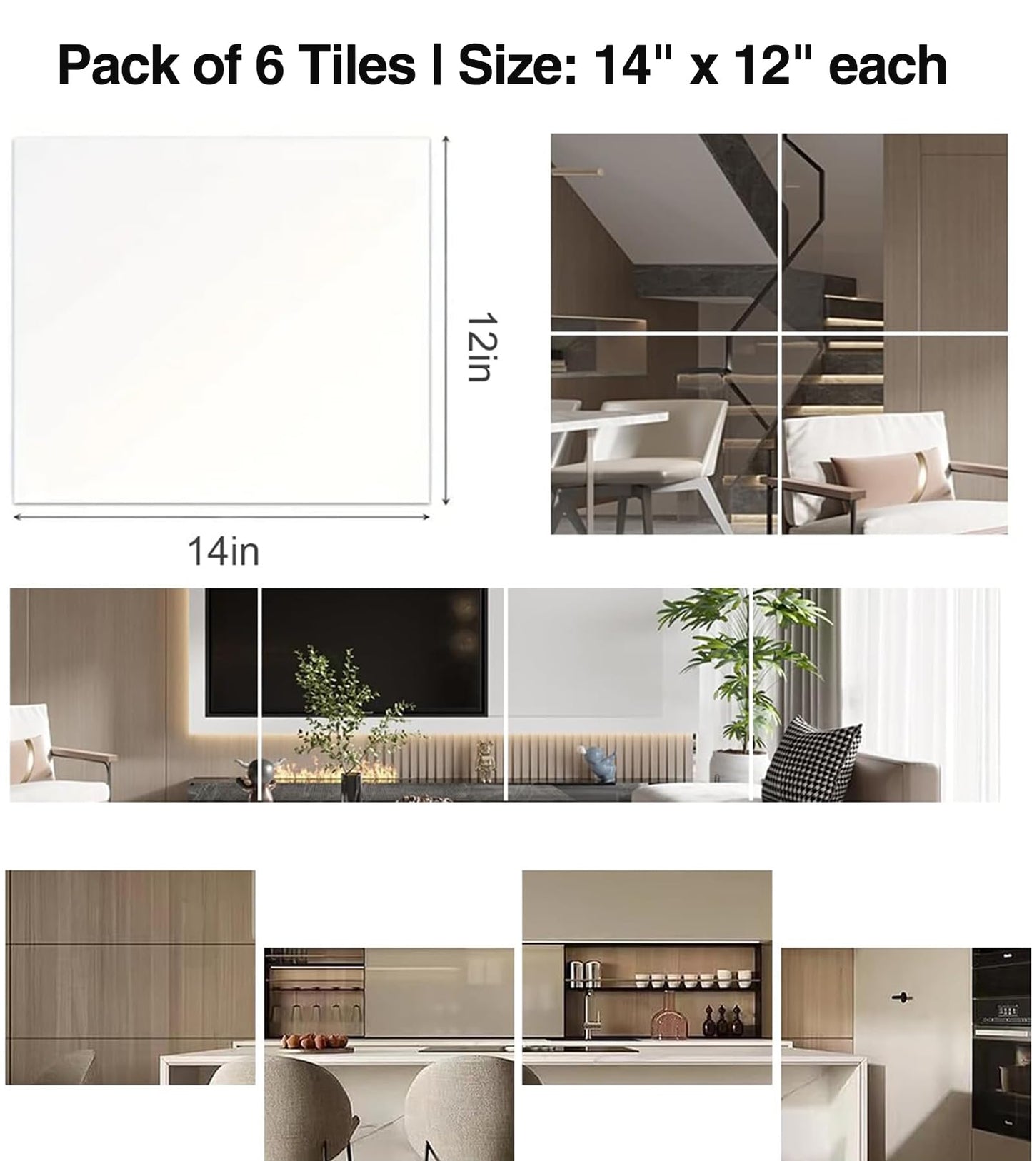 PopularLdo 6 Pack 14"x12" Shatterproof Acrylic Mirror Tiles – Self-Adhesive, Unbreakable Wall Mirrors for Kids Room, Bathroom, Bedroom, Closet Door, or Home Gym