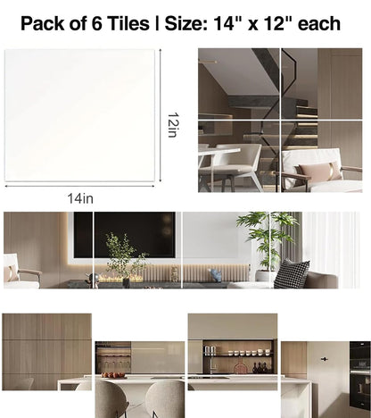 PopularLdo 6 Pack 14"x12" Shatterproof Acrylic Mirror Tiles – Self-Adhesive, Unbreakable Wall Mirrors for Kids Room, Bathroom, Bedroom, Closet Door, or Home Gym