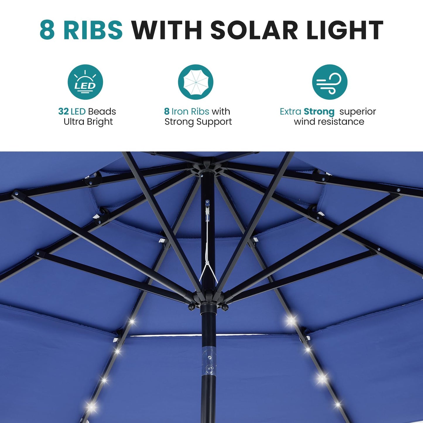 DUMOS 10FT 3 Tier Patio Umbrella with 32 LED Lights, 8 Ribs Outdoor Table Umbrella with Crank, Waterproof Market Umbrella for Pool, Beach, Terrace and Outdoor Restaurant, Navy Blue