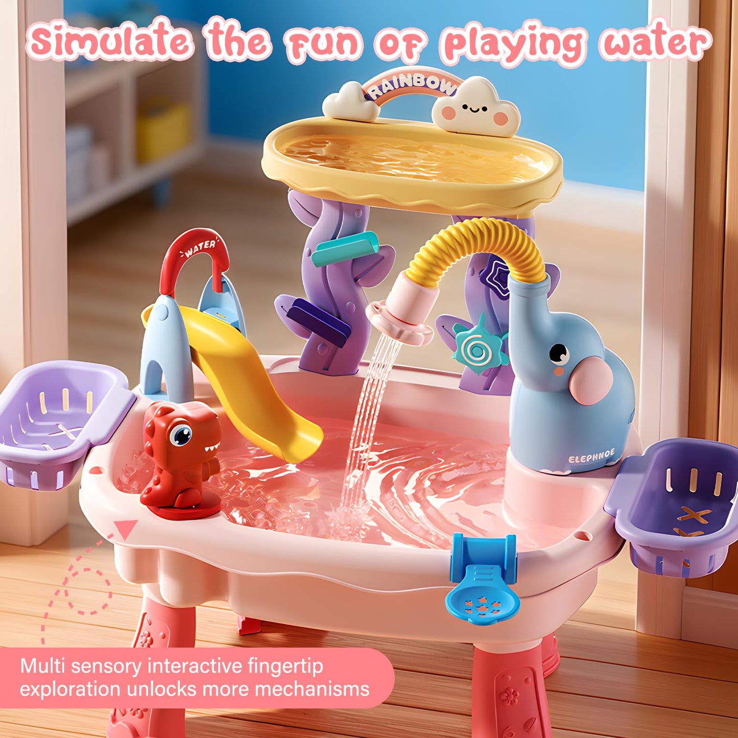 NOPROB 2027 Upgraded Toddlers 1-3 Water Table with Electric Pump, Kids Water Table with Faucet Play Food Accessories Fishing Toy, Kitchen Play Sink Toys for Girl Boy Age 4-8 (Pink)