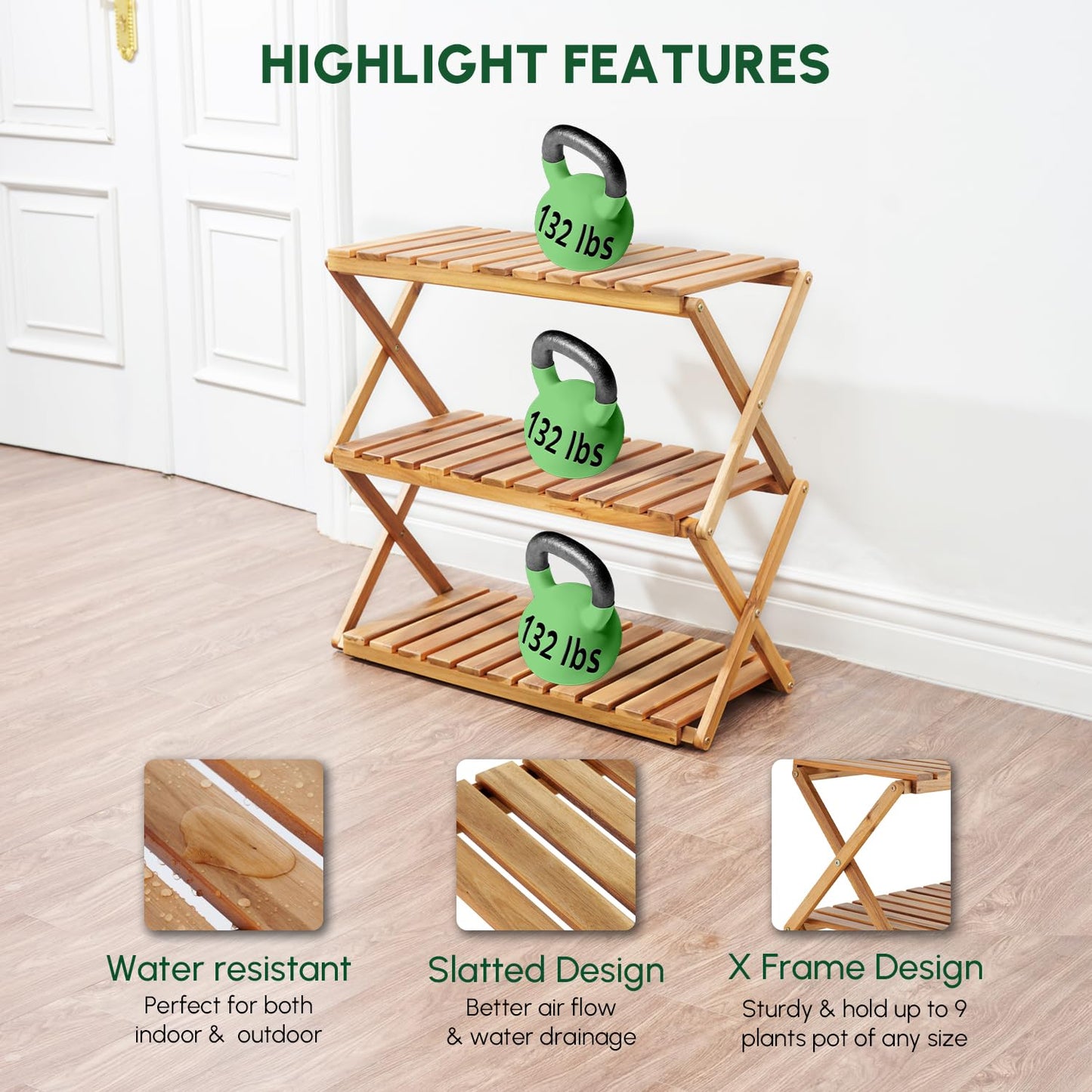 BEEFURNI Acacia Plant Stand Indoor, Wooden Outdoor Plant Stand, Foldable Plant Stand, 3 Tier Conner Space Flower Stand, Plant Ladder Stand (Natural)