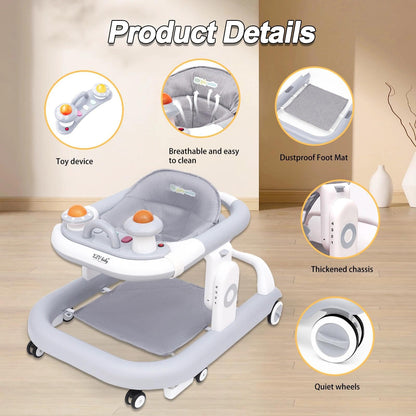 5-in-1 Baby Walker with Wheels Foldable Height-Adjustable Walker for Baby Boy 6-12 Months with Feeding Tray Multi-Functional Activity Center (Grey)