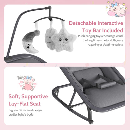 Jojoka Baby Swing for Infants, 3-Position Recline Baby Rocker with Toy Bar, Portable Infant Swing Chair with Lockable Stationary Mode, Lightweight Aluminum Frame, Grey