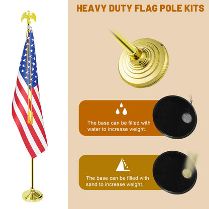 SCZS Indoor Flag Pole Kit - Telescoping 6FT-8FT Flag Pole with Base, 3x5 FT American Flag, Eagle Topper, Gold Braided Cord Tassel - Glod Flagpole and Stand, for Office School City Hall(1Pack)