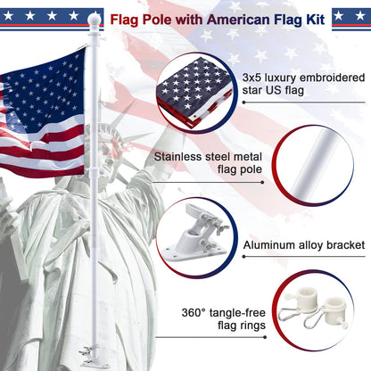 Barcetine Flag Pole with American Flag - Tangle Free Flag Poles for Outside House with 3x5 Embroidered US Flags,Flagpole Holder Bracket - 5ft Heavy Duty Outdoor Flag Pole Kit for Porch - White