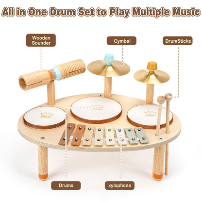 Vanplay Drum Set for Toddler - Toys for 2 3 4 Year Old Girls Boy Gifts - 9 in 1 Wooden Montessori Musical Instruments with Xylophone for Kids 3-5, Christmas Birthday Gifts for Toddlers 2-4