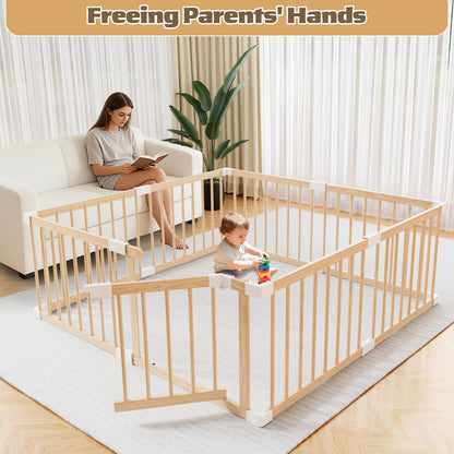 Baby Playpen,Wooden and Toddler Playpen,Play Pen for Babies and Toddlers Kids Indoor,Wooden Babies with Locking Baby Gate,Easy to Assemble,Play Pen Area Indoor(53x53x24 Inch)