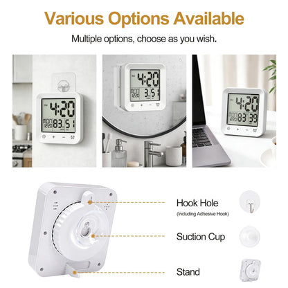 Tikonir Shower Clock Waterproof, Bathroom Digital Clock with Timer, LCD Display, Touch Screen, Suction Cup, Temp, Seconds, Hanging, Hole Stand, Digital Wall Clocks Battery Operated for Kids and Adults