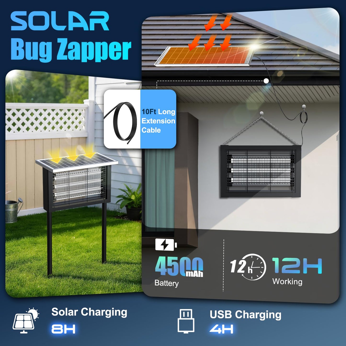 Solar Bug Zapper Outdoor, Upgrade 3-Tube 4500V Electric Mosquito Zapper, IPX6 Waterproof, Auto On/Off Rechargeable Electric Fly Insect Trap for Patio Yard Garden Camping RV