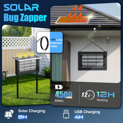 Solar Bug Zapper Outdoor, Upgrade 3-Tube 4500V Electric Mosquito Zapper, IPX6 Waterproof, Auto On/Off Rechargeable Electric Fly Insect Trap for Patio Yard Garden Camping RV