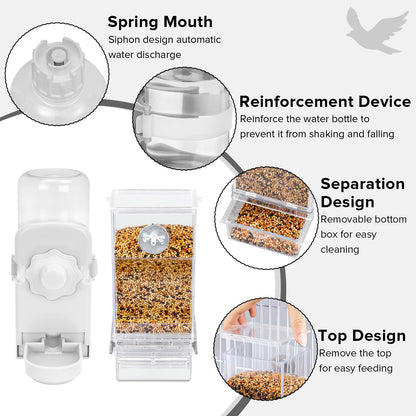 No Mess Bird Feeder Water Dispenser Set, Parakeet Cage Accessories, Bird Feeder and Waterers in Cage for Cockatiels, Finches, Lovebirds, Budgies, Canaries