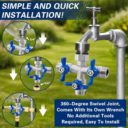 Cekwiet 304 Stainless Steel 3 Way Garden Hose Splitter, Heavy Duty Hose Splitter with 3 Shut-Off Valves, 3/4" GHT Outdoor Faucet Hose Adapter, Full Flow Water Hose Connector