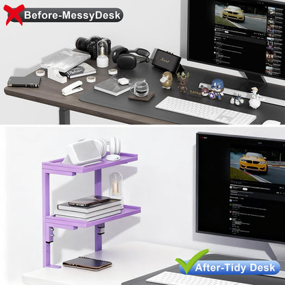 Spacrea clamp on Desk Shelf, 2 Tier Office Desk Shelves Organizer, Wood Desktop Supplies Storage Rack, Desk Organizers and Accessories (Purple)