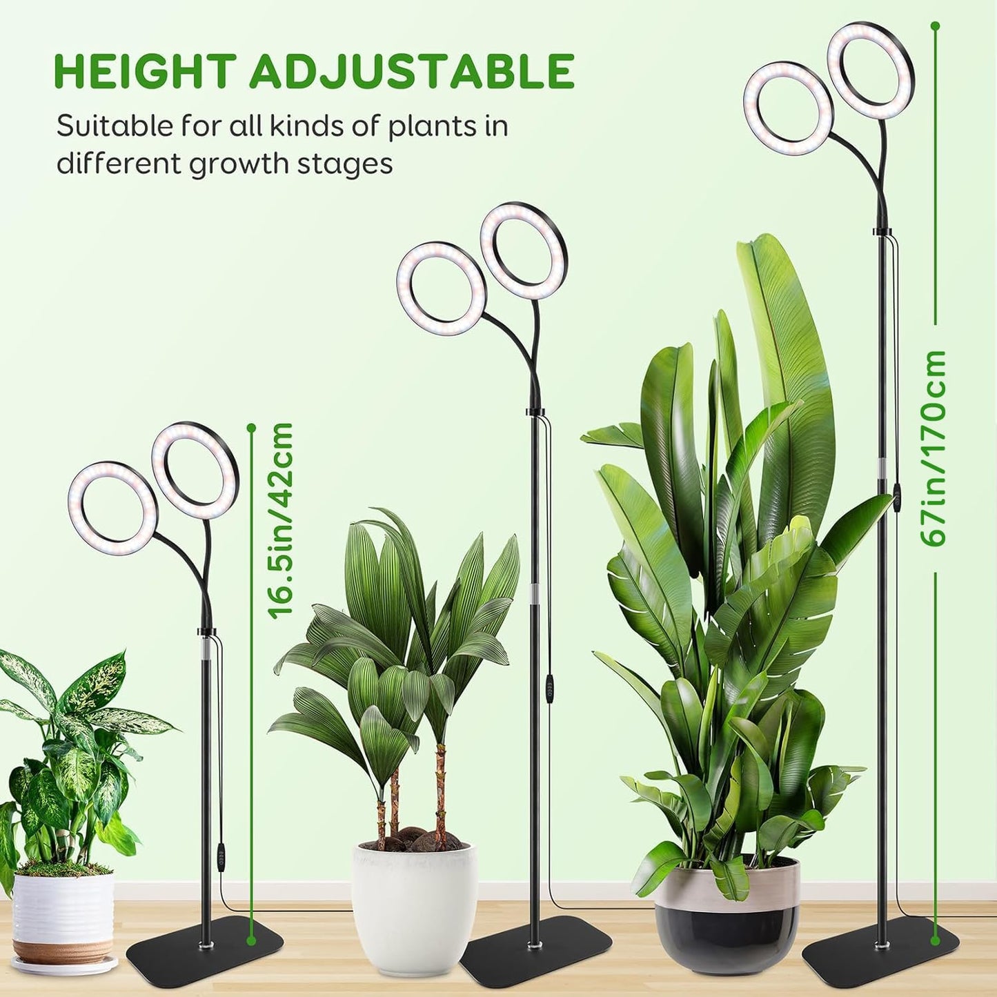 LPMZMBL Dual Head Grow Light for Indoor Plants Full Spectrum Plant Light with 16.5"-68" for Growing Large Tall Plants Equipment with 3/9/12-hour Automatic Timers 3 Light Modes 10 Dimmable Levels