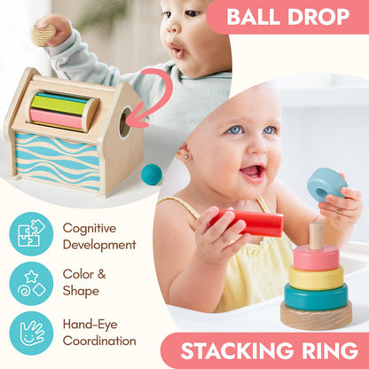 Giant bean Montessori Toys for Baby, 6-in-1 Wooden Early Education Learning Toys with Sensory Teething,Object Permanence Box,Shape Sorting Stacking Ring,Mirror Puzzle,Christmas Toy for Kid 1 2 3
