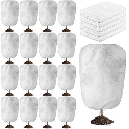 SATINIOR 16 Pcs 32 x 47 Inch Plant Covers Freeze Protection, Reusable Plant Protector Frost Cloth Warm Blankets, Winter Bush Tree Cover with Drawstring Outdoor (White)