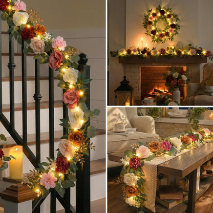 Valery Madelyn Pre-Lit Spring Flower Garland for Mantle with Lights, 6 feet Fake Roses Artificial Floral Vines Hanging Garland Decorations for Mothers Day Wedding Anniversary Party Table Home Decor